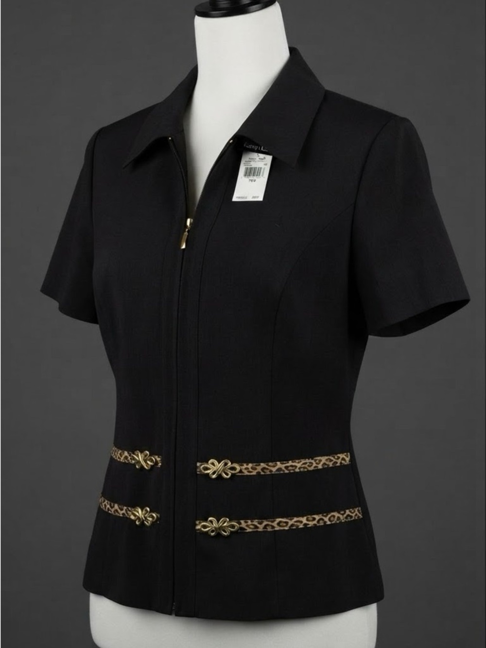 Black Short-Sleeve Zip Jacket with Gold Leopard Trim